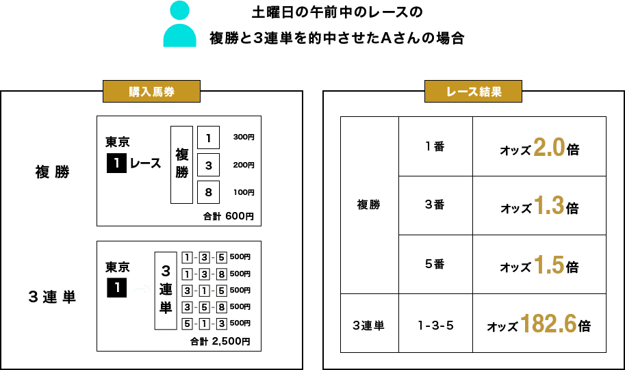 土曜日の午前中のレースの複勝と3連単を的中させたAさんの場合 購入馬券 東京1レース 複勝 1 300円 3 200円 8 100円 合計600円 3連単 1-3-5 500円 1-3-8 500円 3-1-5 500円 3-5-8 500円 5-1-3 500円 合計2,500円 レース結果 複勝 1番 オッズ2.0倍 3番 オッズ1.3倍 5番 オッズ1.5倍 3連単 1-3-5 オッズ182.6倍