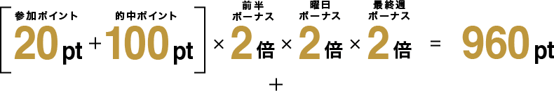 (参加ポイント 20pt + 的中ポイント 100pt)×前半ボーナス 2倍×曜日ボーナス 2倍×最終週ボーナス 2倍 = 960pt