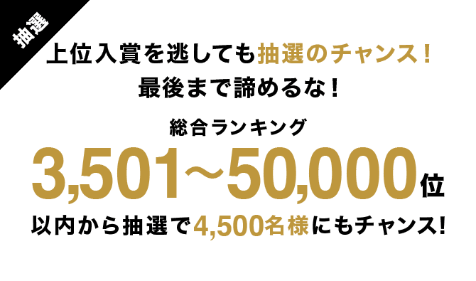 抽選 上位入賞を逃しても抽選のチャンス！最後まで諦めるな！ 総合ランキング3,501〜50,000位以内から抽選で4,500名様にもチャンス！