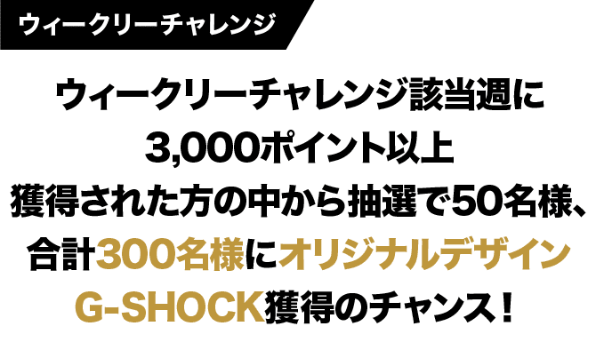 ウィークリーチャレンジ ウィークリーチャレンジ該当週に3,000ポイント以上獲得された方の中から抽選で50名様、合計300名様にオリジナルデザインG-SHOCK獲得のチャンス！