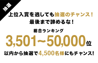 上位入賞を逃しても抽選のチャンス！最後まで諦めるな！総合ランキング3,501〜50,000位以内から抽選で4,500名様にもチャンス！