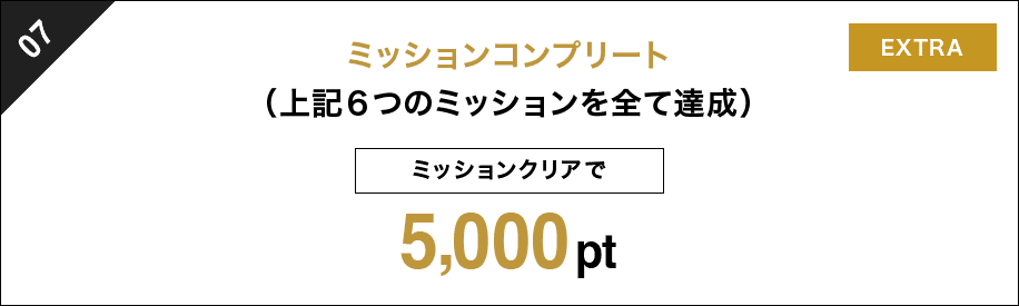 07 ミッションコンプリート（上記６つのミッションを全て達成） ミッションクリアで 5000pt EXTRA