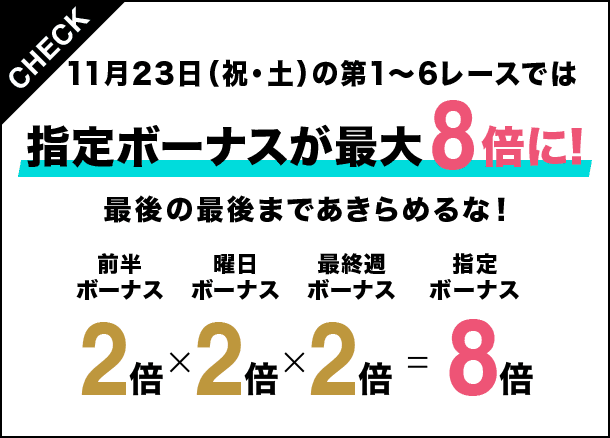 CHECK 11月23日（祝・土）の第1〜6レースでは指定ボーナスが最大8倍に!最後の最後まであきらめるな！ 前半ボーナス2倍 × 曜日ボーナス2倍 × 最終週ボーナス2倍 = 指定ボーナス8倍