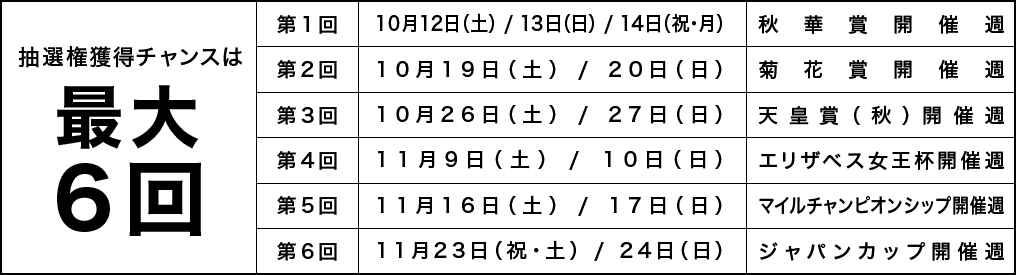 抽選権獲得チャンスは最大6回 第1回 10月12日(土)/13日(日)/14日(祝・月) 秋華賞開催週 第2回 10月19日(土)/20日(日) 菊花賞開催週 第3回 10月26日(土)/27日(日) 天皇賞(秋)開催週 第4回 11月9日(土)/10日(日) エリザベス女王杯開催週 第5回 11月16日(土)/17日(日) マイルチャンピオンシップ開催週 第6回 11月23日(祝・土)/24日(日) ジャパンカップ開催週