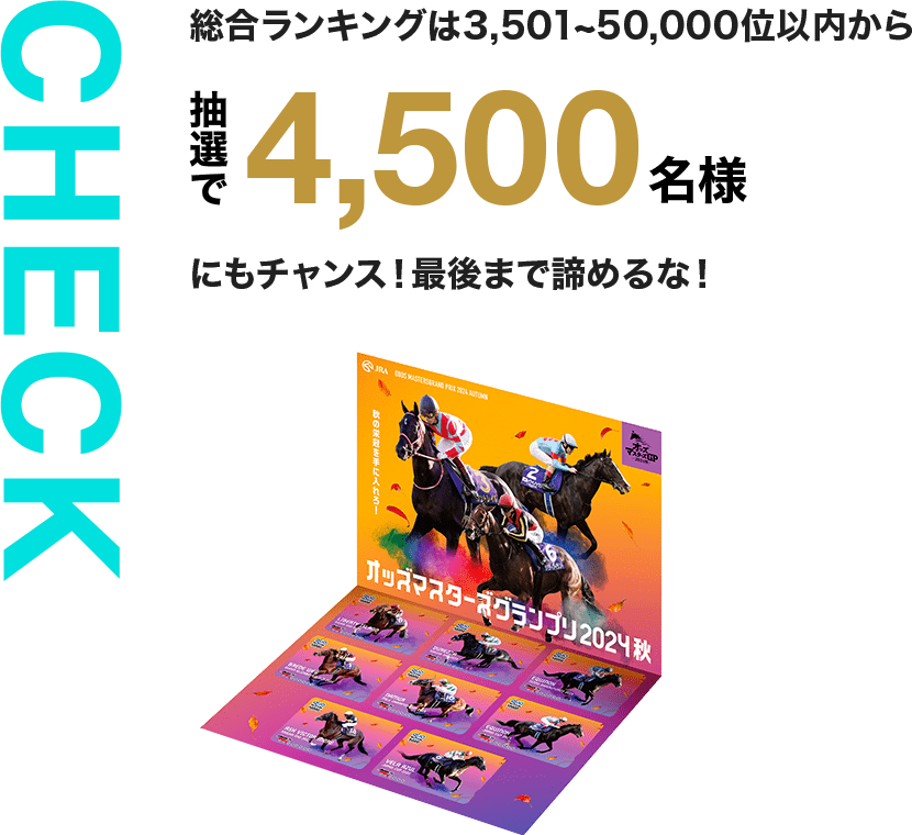 CHECK 総合ランキングは3,501~50,000位以内から抽選で4,500名様にもチャンス！最後まで諦めるな！