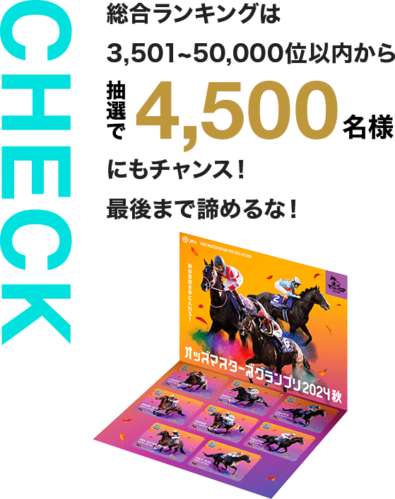 CHECK 総合ランキングは3,501~50,000位以内から抽選で4,500名様にもチャンス！最後まで諦めるな！